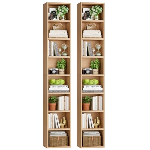 FOTOSOK 2 Pcs 71'' Tall Narrow Bookshelf, 8-Tier Media Tower Rack Set of 2, CD DVD Storage Cabinet with Adjustable Shelves, Tall Narrow Bookcase Skinny Display Bookshelf Slim Shelf, Natural
