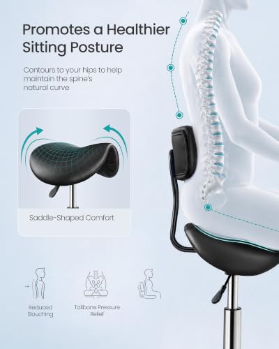 Image of SONGMICS Ergonomic Saddle Stool with Backrest and Wheels | Height Adjustable Salon Stool, 360 Swivel Beauty Chair, PU Leather, Ink Black, ACTIVO Collection UOSC015B101