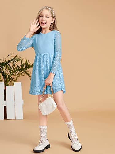 WDIRARA Girl's Floral Lace Panel Long Mesh Sleeve Round Neck Keyhole Back Formal Flared A Line Short Dress4