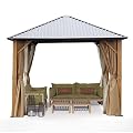 Aoodor 10 x 10 ft. Wooden Finish Coated Aluminum Frame Gazebo with Hardtop Roof, Outdoor Gazebos with Curtains and Nettings, for Patio Backyard Deck and Lawns