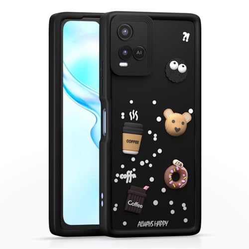 Image of Bintage Cute Fun Taddy Cartoon 3D Ball Bear Milk Donut Coffee Cup Silicon Case Full Body & Camera Protection Back Cover Compatible for Vivo Y21T (2021) - Black