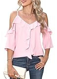 BEYINCUTE Dressy Blouses for Women Elegant Sexy Off The Shoulder Tops Ruffle 3/4 Sleeve Shirts Summer Cold Shoulder Blouses for Women Work Clothes Business Casual, Pink, Small