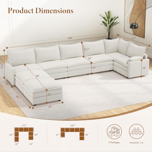 Image of Vesgantti Large Modular Sectional Sofa, Big Comfy Cloud Couch with Ottoman Deep Seat Chenille Cloud Sofa, 8 Seater Large Sectional Couches for Living Room, Bedroom and Apartment, Snow White