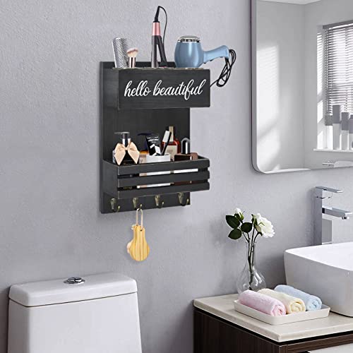 Black Hair Tool Organizer Wall Mount, Two Tiered Hair Dryer Holder Wall Mounted, Bathroom Hair Care and Styling Tool Organizer for Wall, Hair Accessories Organizer with Shelf for Makeup, Toiletries