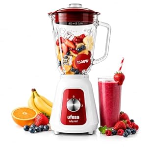 Ufesa BS4717 Ruby Red Batidora de Vaso, 1500W Potencia Max, Jarra de Cristal de 1.5L, 2 Velocidades + Pulse, Cierre Hermético, Pica hielo, 4 Cuchillas de Acero Inoxidable, Libre de BPA, Blanco/Rojo