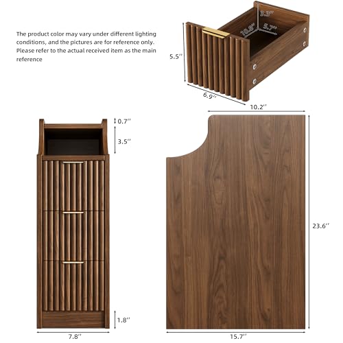 Image of 7.9 inch Narrow Nightstand Set of 2,23.6 inch Tall Fluted Bedside Table Set of 2, Slim Side End Table with 3 Drawers, Wooden Bedside Table, Mid Century Modern Night Stand for Bedroom Livingroom Sofa Office