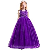 Little Big Girls’Tulle Retro Vintage Dresses Flower Lace Pageant Party Wedding Floor Length Dance Evening Gown Purple #2 5-6 Years