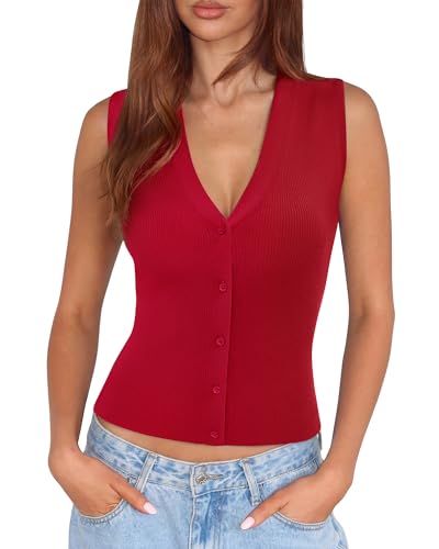 Image of SUUKSESS Women Sleeveless Sweater Tops Summer V Neck Button Down Vest Tops Business Casual Work Shirts