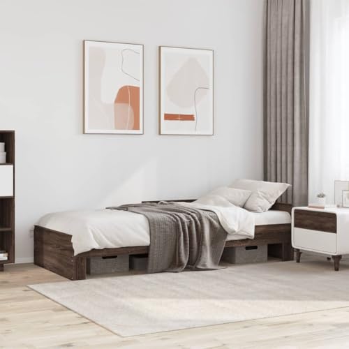 kithwjll Estructura de cama de roble marrón, 100 x 200 cm, material de madera, con somier y rejillas laterales, marco de cama estable para cama individual, cama de estilo duradero sin colchón