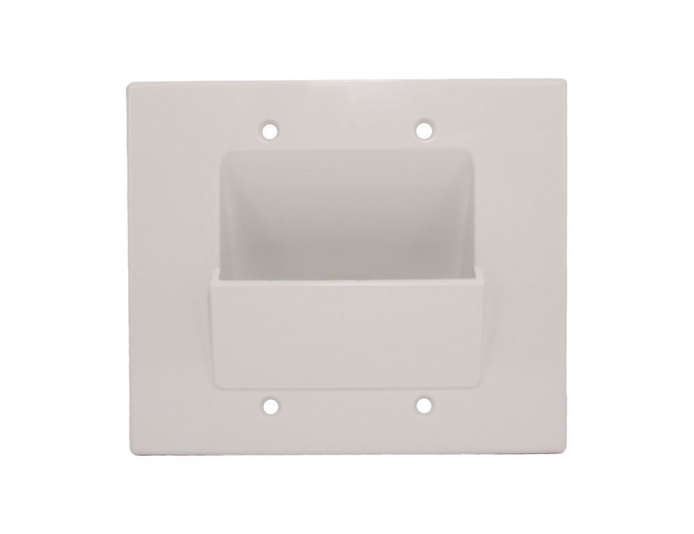 Sewell WallBlade Lite Dual Gang Recessed Wall Plate components: white wall plate, metal mounting bracket, and two bags of screws.