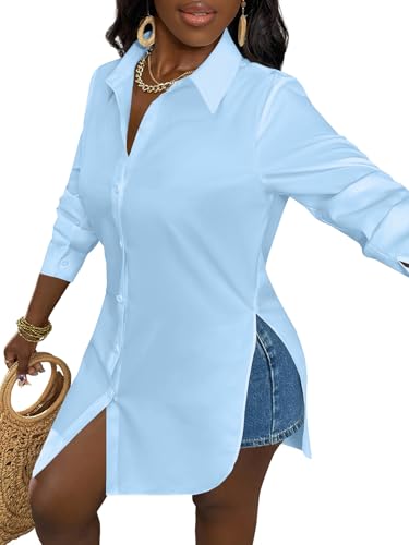 Image of LYANER Women's Collar Neck Long Sleeve Button Down Shirts Sexy Split Hem Tops Long Blouse Shirt Dress