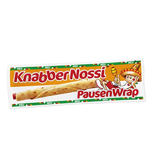 Knabber Nossi 176806 Geräuchertes Snack-Brühwurst, mit einem halben Fladenbrot umwickelt.