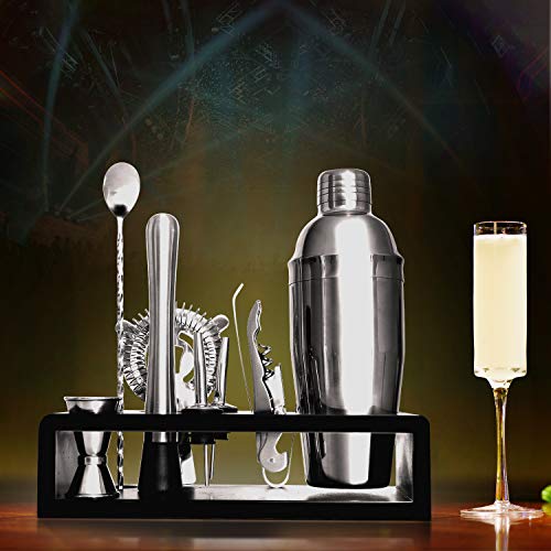 PentaQ Cocktail Shaker Set Bartender Kit with Wooden Stand 10 Pieces Stainless Steel Bar Set for Drink Mixing Bartending Tools for Home Bars, Parties and Drink Making