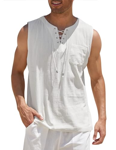 COOFANDY Camiseta sin Mangas para Hombre de Corte Henley en algodón Estilo Hippie Casual para Playa Blanco L