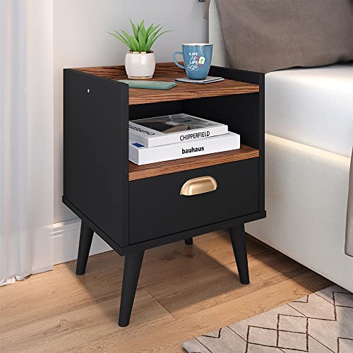 Conjunto com 2 Mesas de cabeceira Estilo Retrô Mesinha Lateral Quarto Cama Com Gaveta e Nicho Para D