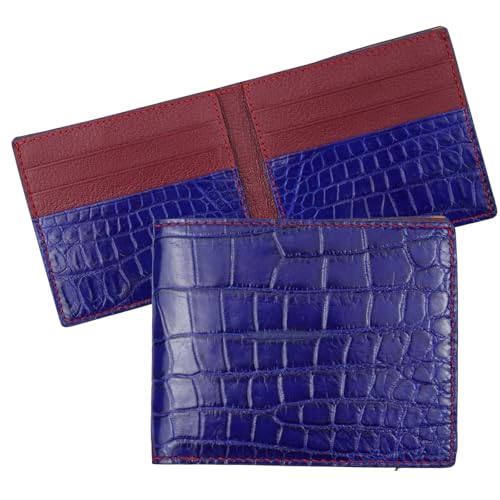 Image of HATA Light Blue Red Exotic Bifold Wallet for Men, Billfold with Mixed Leather Interior, RFID Blocking Card Holder, Handmade Gift for Birthday, Anniversary, Father's Day VIMIX-52