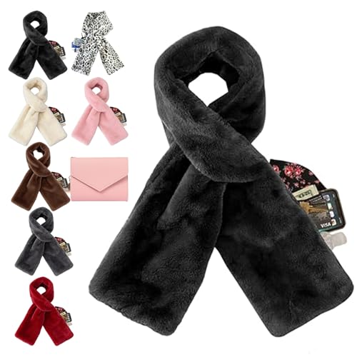 rialgirw Bufanda de piel sintética con bolsillo con cremallera oculto, nueva bufanda con bolsillos para mujer para teléfono móvil y objetos de valor (Black)