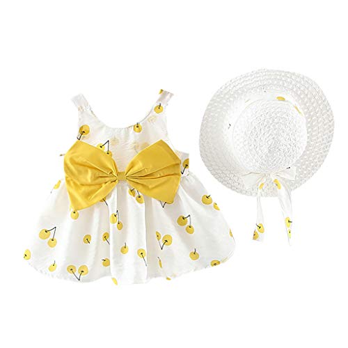 Toddler Baby Kids Girls Sleeveless Dress Cherry Dot Princess Dresses Bow Hat Outfits Set (3-6 Months, Yellow)