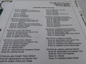 Page showing the table of contents for repair sections in the John Deere manual