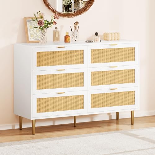 GarveeHome Rattan 6 Drawer Dresser for Bedroom, Modern Chest of Drawers with Gold Legs and Gold Handles, Wide Double Dresser with Large Tabletop and Anti-tipping Design for Bedroom, Living Room, White