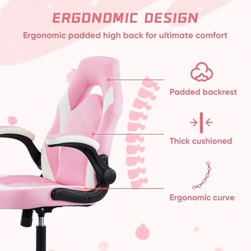 Image of OLIXIS Computer Gaming Desk Chair - Big and Tall Ergonomic Lumbar Support with Flip-up Armrest and 360 Swivel Wheels, PU Leather Height Adjustable, for Home and Office, Pink and White