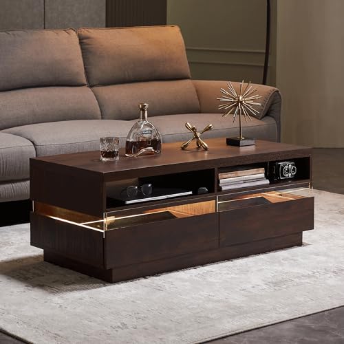 OKD 48 Inch LED Coffee Table, Modern Coffee Table with 2 Large Storage Drawers & Open Cubbies, Rectangle Wood Center Table with LED Lights & Power Strip for Living Room, Dark Walnut OKD 48 Inch LED Coffee Table, Modern Coffee Table with 2 Large Storage Drawers & Open Cubbies, Rectangle Wood Center Table with LED Lights & Power Strip for Living Room, Dark Walnut