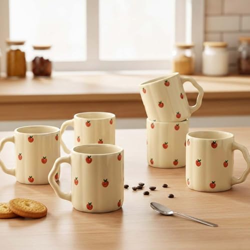 Image of The Earth Store Cream Apple Coffee Mug - 300ML Ceramic Coffee Mugs Set of 6 | Microwave & Dishwasher Safe Mugs for Gift | Home | Office | Restaurant | Daily Use