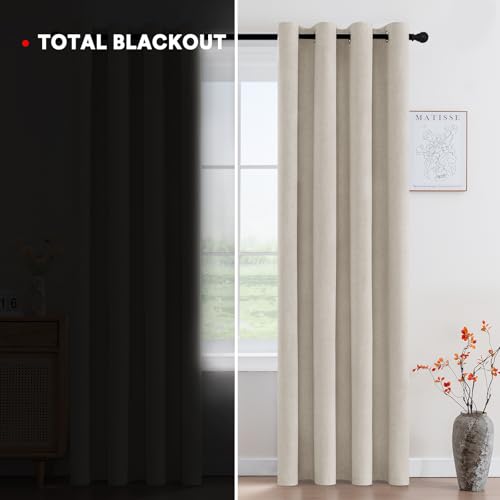 Image of PrinceDeco Blackout Curtains Linen Blended 84 Inch Long Room Darkening Black Out Curtains for Living Room with Natural Slubs & Grayish (Not Solid) Thermal Insulated Grommet 2 Panels,Heathered Linen