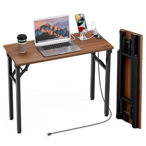 Image of TEMI Small Computer Desk Folding Table - No Assembly, Compact 35.8 inch Foldable Desk with Power Outlets & USB Charging Port, Portable Small Office Desk, Ideal Mini Study Table for Narrow Spaces, Walunt