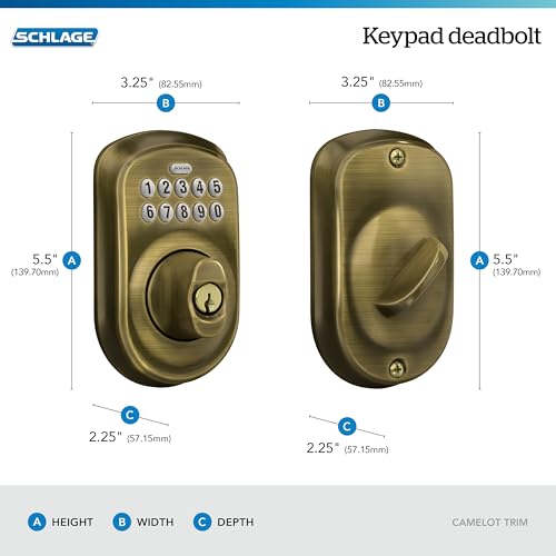 Image of Schlage Plymouth Electronic Keypad Deadbolt Lock, Keyless Front Door Entry, Mechanical Key Backup Included, Antique Brass, BE365 V PLY 609