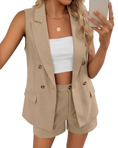 JoyMotion Women Suits 2 Piece Set V Neck Sleeveless Button Blazer Vest and Elastic Waist Shorts Sets Matching Set Outfit(Khaki Medium)