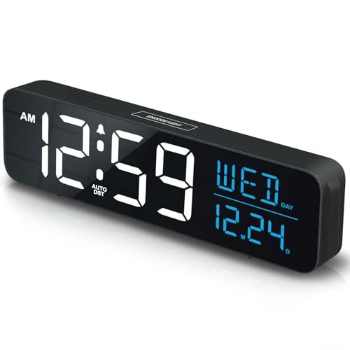 Image of Peakeep Large Display Digital Alarm Clock for Bedrooms, Date Day of Week Calendar Desk Table Clocks for Living Room Office, Dimmable Plug in Electric Clock, 5 Volumes, Loud, Auto DST