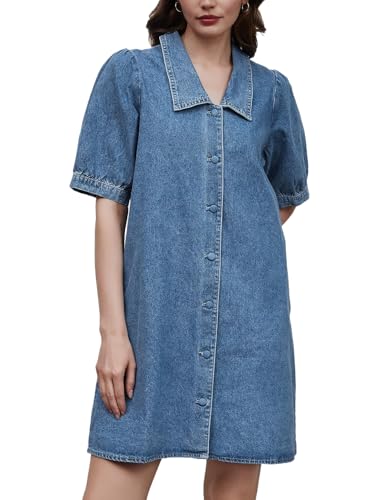 Kedera Women Summer Button Down Puff Short Sleeve Denim Sailor Dress 2025 Trendy Casual Collared Neck Mini Dresses