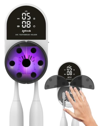 Jetfresh UV Toothbrush Sanitizer Holder | Wall Mounted UV-C Toothbrush Cleaner | Tooth Brush Sanitizer Holder Auto Shut-Off USB Rechargeable Fits All Brushes Bathroom Organizer