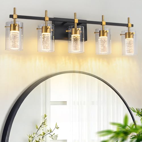 Image of 5-Light Black and Gold Vanity Light with 3 Color Modes (3000K /4000K /6000K), Eye Protection LED Bathroom Light Fixture, Dimmable Modern Wall Light Over Mirror with Clear Glass Shade