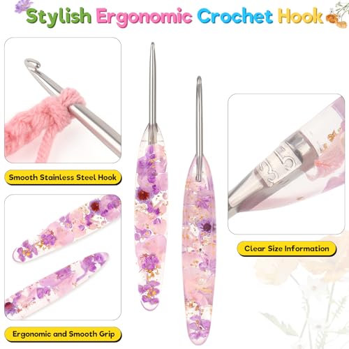 Image of Katech 3.5mm Crochet Hook for Arthritic Hands,Hand-Polished Stainless Steel | Ergonomic Crochet Hooks with Customized Sparkle Dried Floral Grip, Smooth Tapered Hook-Crochet Gift for Beginner & Crocheter
