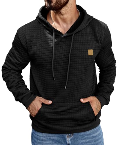 Image of AIYINO Men's Hoodies Pullover Hooded Sweatshirts Long Sleeve Waffle Drawstring Casual Hoody with Kanga Pocket M Black