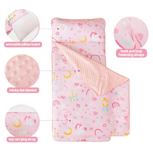 Image of Viviland Toddler Kid Nap Mat for Preschool, Girls Pink Princess Daycare Kindergarten Slumber Bag