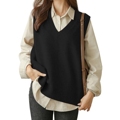 Image of Wowcarbazole Womens V Neck Sweater Vest Casual Ribbed Knitted Sleeveless Trendy Pullover Tank Tops Fall