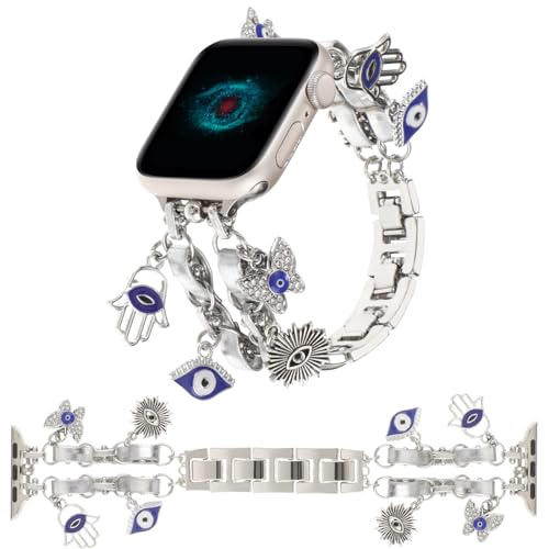 REALSIGN Stylish Wristband Compatible with Apple Watch Band 42mm 44mm 45mm 49mm,Cute Strap with Butterfly Evil Eyes Pendants Bracelet for iWatch Series 9 8 7 6 5 4 3 SE Ultra Charms Girl(42MM,Eyes