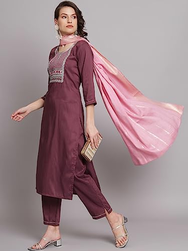 Image of VredeVogel Women Cotton Slub Straight Kurta Set With Pant and Net Embroidery Dupatta