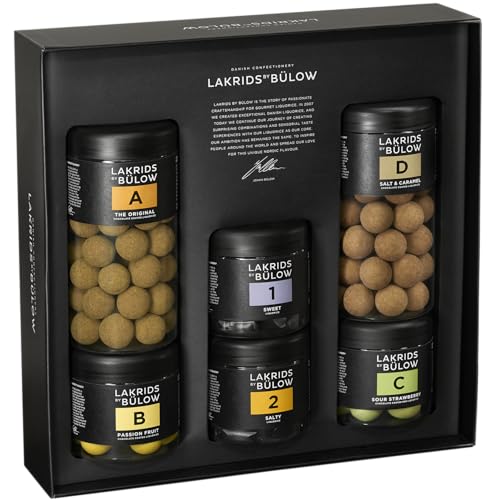LAKRIDS BY BÜLOW - Geschenkbox 6er Set - A (The Original) + B (Passion Fruit) + C (Sour Strawberry) + D (Salt & Caramel) + 1 (Sweet) + 2 (Salty)