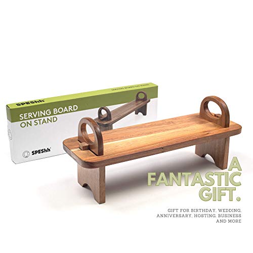 Speshh Acacia Wood Serving Board On Stand – Contemporary Raised Wooden Serving Platter – Elegant Hand-Finished Home Décor Counter Shelf Organizer & Cheese Charcuterie Boards - 16.5 X 5.5 X 6.7 Inches #TOP1