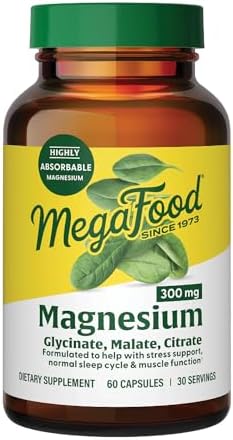 MegaFood Magnesium 300 mg – Highly Absorbable Blend of Magnesium Glycinate, Citrate & Malate to Help Support Heart, Nerve Health & Relaxation – 60 Capsules (30 Servings)