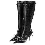 Ancomafio Knee High Boots for Women Stiletto Heel Studded Boots Pointed Toe Rivets Tassel Boot Sexy High Heel Punk Boots Zipper