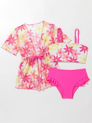 Sxiwei Kids Girls 3-Piece Beach Outerwear with Swim Tops and Bottom Cover Up Bikini-Style Swimsuit Surfing Suit2