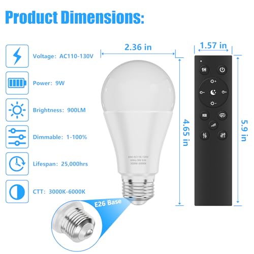A19 LED Light Bulbs with Remote Control, 800LM 9W, 60W Equivalent LED Bulbs,Stepless Dimmable 3000K-6000K,E26 Base,CRI 80+,2.4GHz,25000+ Hours Lifespan,Light Bulb for Home Decor,1Bulb&1Remote - Image 5