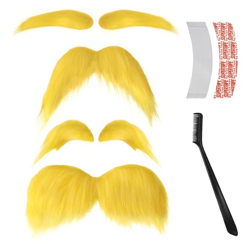 2 PCS Yellow Mustache and Eyebrows Set with Spare Tape and Comb Self Adhesive Fake Beard and Facial Hair for Adults Funny Halloween Cosplay Costume Accessories Party Favors Dress Up Props