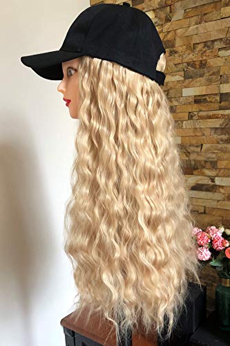 20" 22" 25" Long Synthetic Straight Wavy Curly Ombre Hooded Hat Hair Extensions Baseball Cap Wig for Women (20" Curly +Black Cap, Sandy blonde)