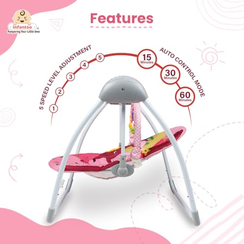 Image of Infantso Plastic Automatic Baby Swing Rocker with Hanging Toys and Remote Control for Newborn Baby - Foldable with Speed Adjustment and Safety Harness (Pink), 66 x 50 x 44 Cm